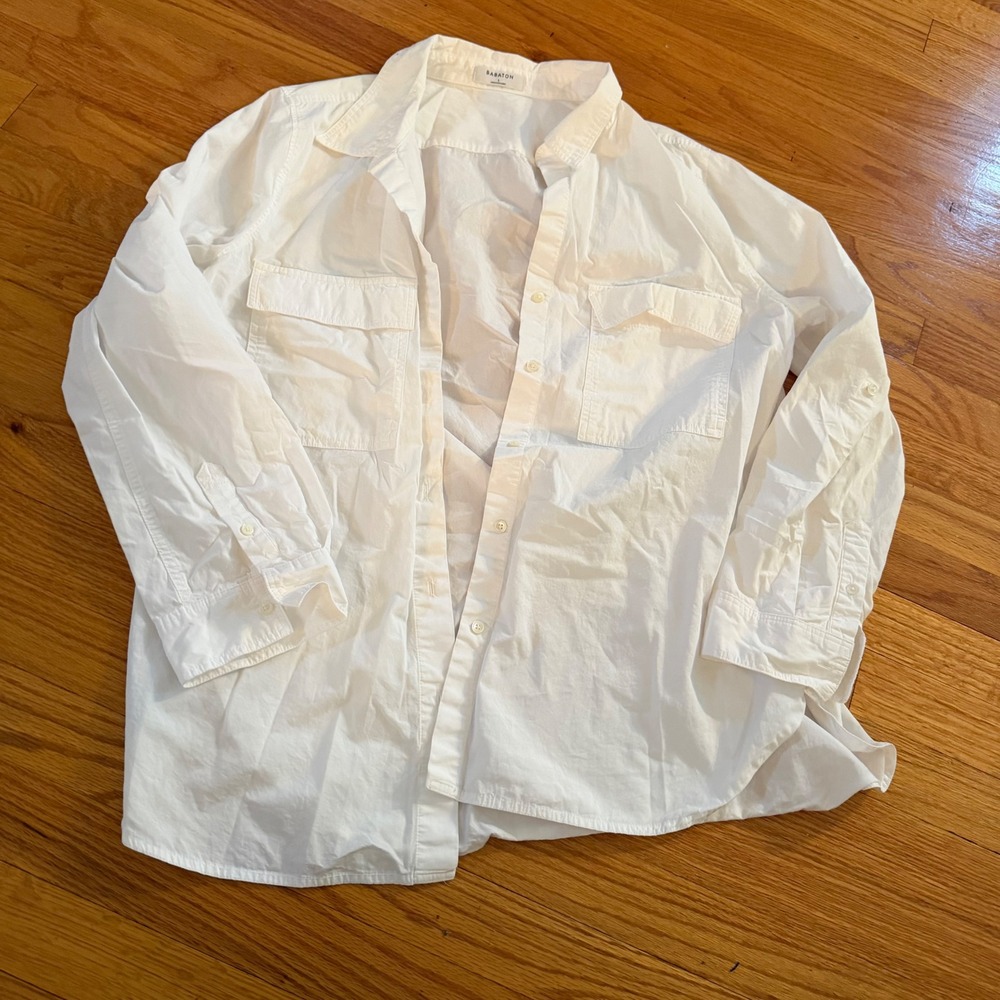 Babaton Utility Button Down Shirt Size L White Cotton Long Sleeve Flap Pockets